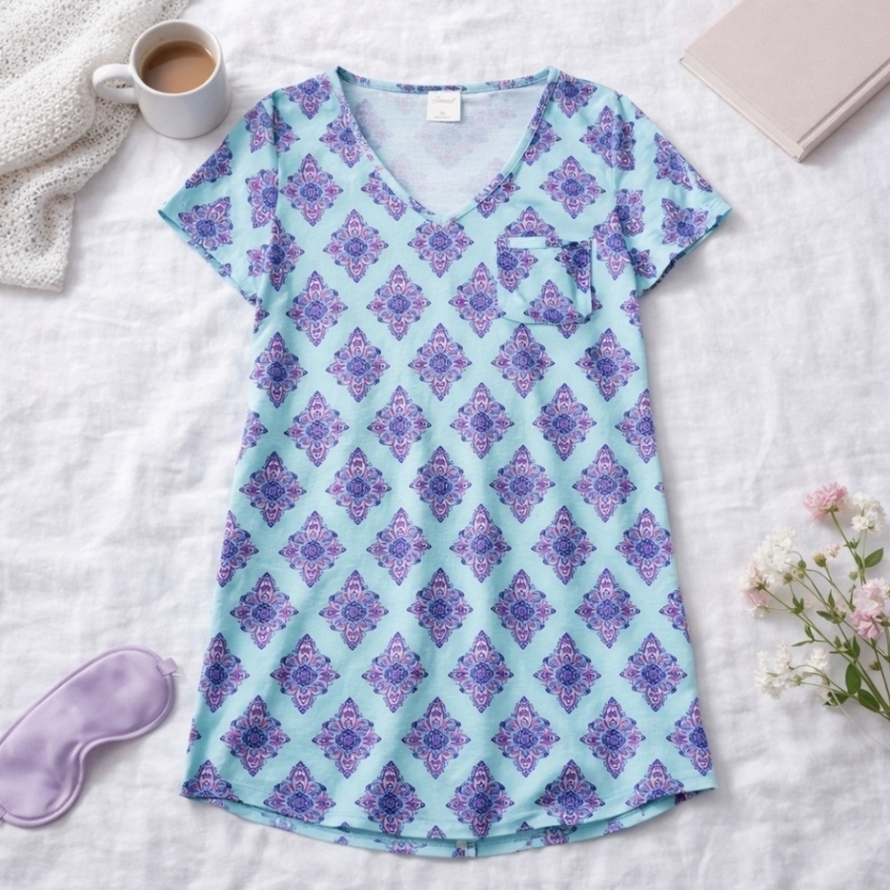 Soma Cool Nights Sleep Shirt XS Aqua Medallion Floral Nightgown Soft Rayon